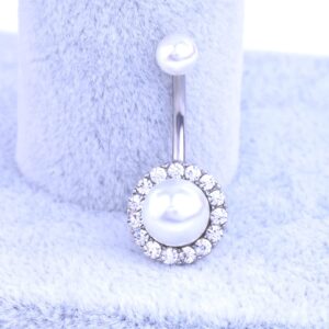 Lenacou Pearl Flower Belly Button Rings 14G Surgical Stainless Steel Navel Barbell Stud Cubic Zirconia Body Piercing (Silver)