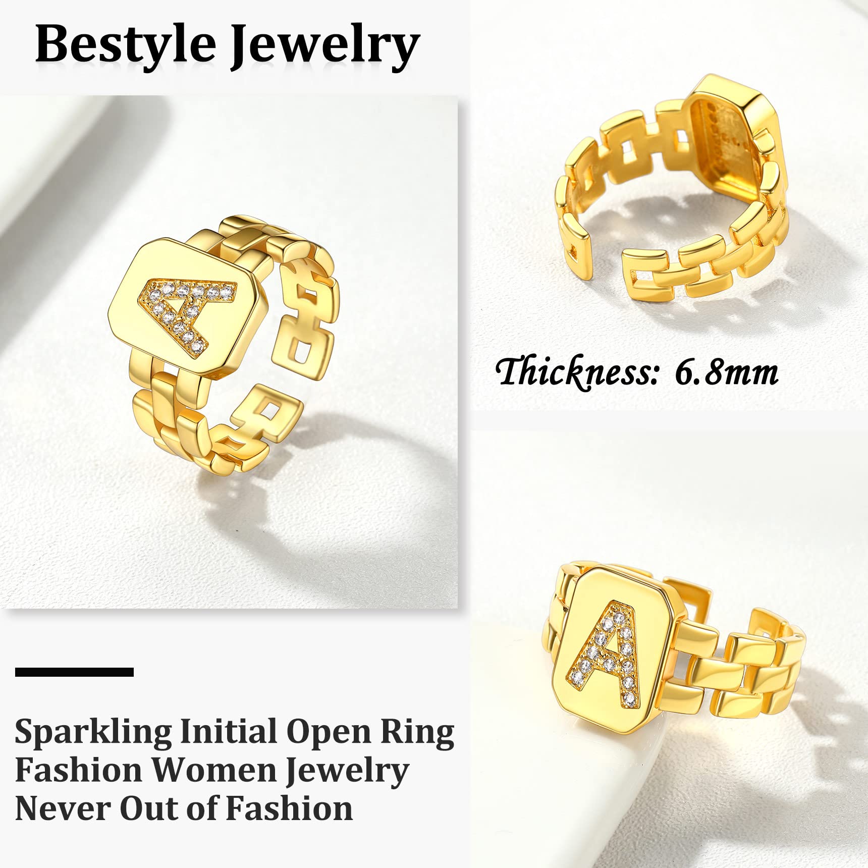 Bestyle Gold Cuban Chain Initial Ring Adjustable Fashion Signet Rings for Women Alphabet Letter E Resizable Knuckle Open Ring, Stackable Rings Fit #6-#12