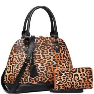 Trendeology Leopard Ostrich Animal Print Vegan Leather Dome Satchel Purse Handbag (1Large Plain Leather - Leopard/Black)