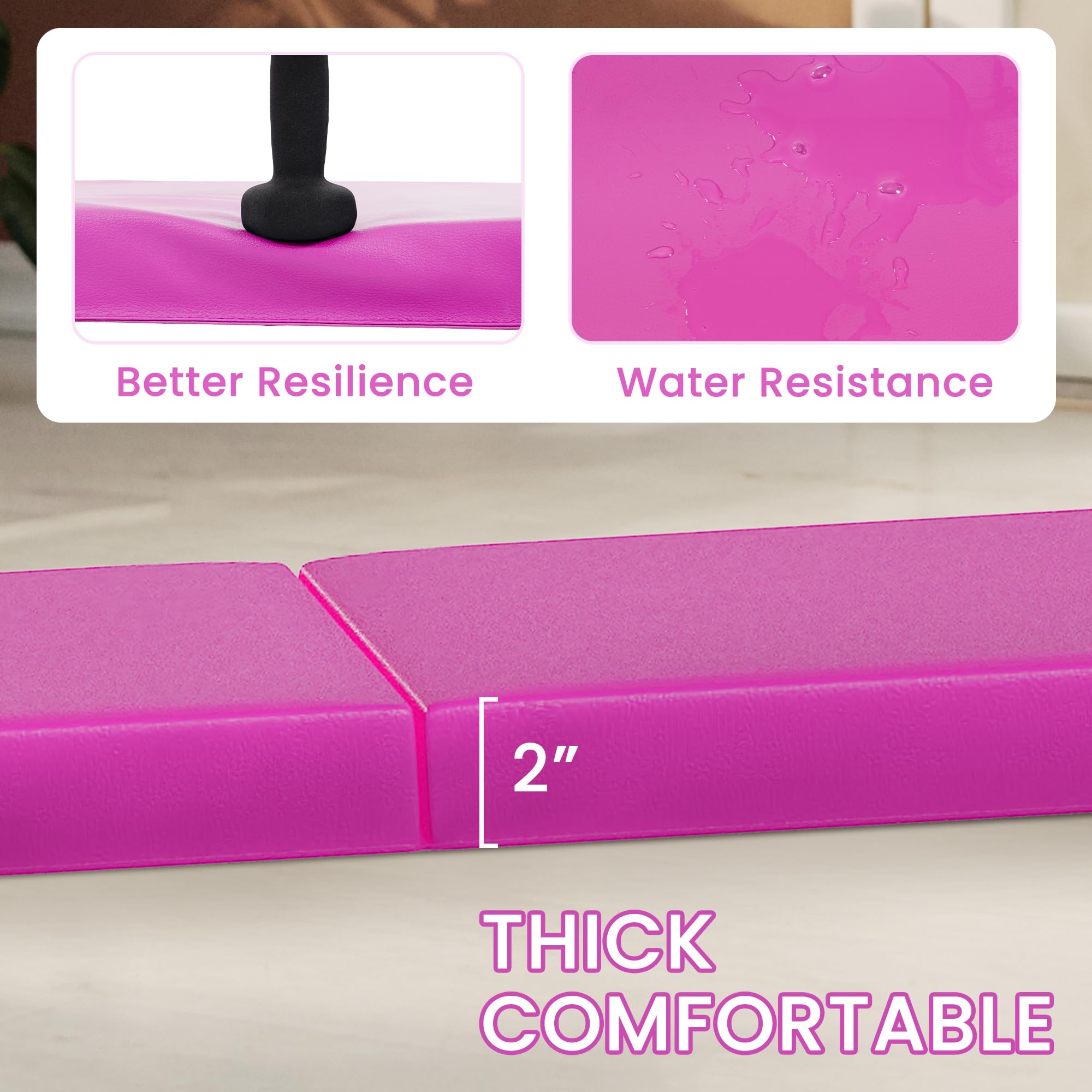 Signature Fitness 2" Thick Three Folds Folding Exercise Mat with Carrying Handles for MMA, Gymnastics and Home Gym Protective Flooring, Pink