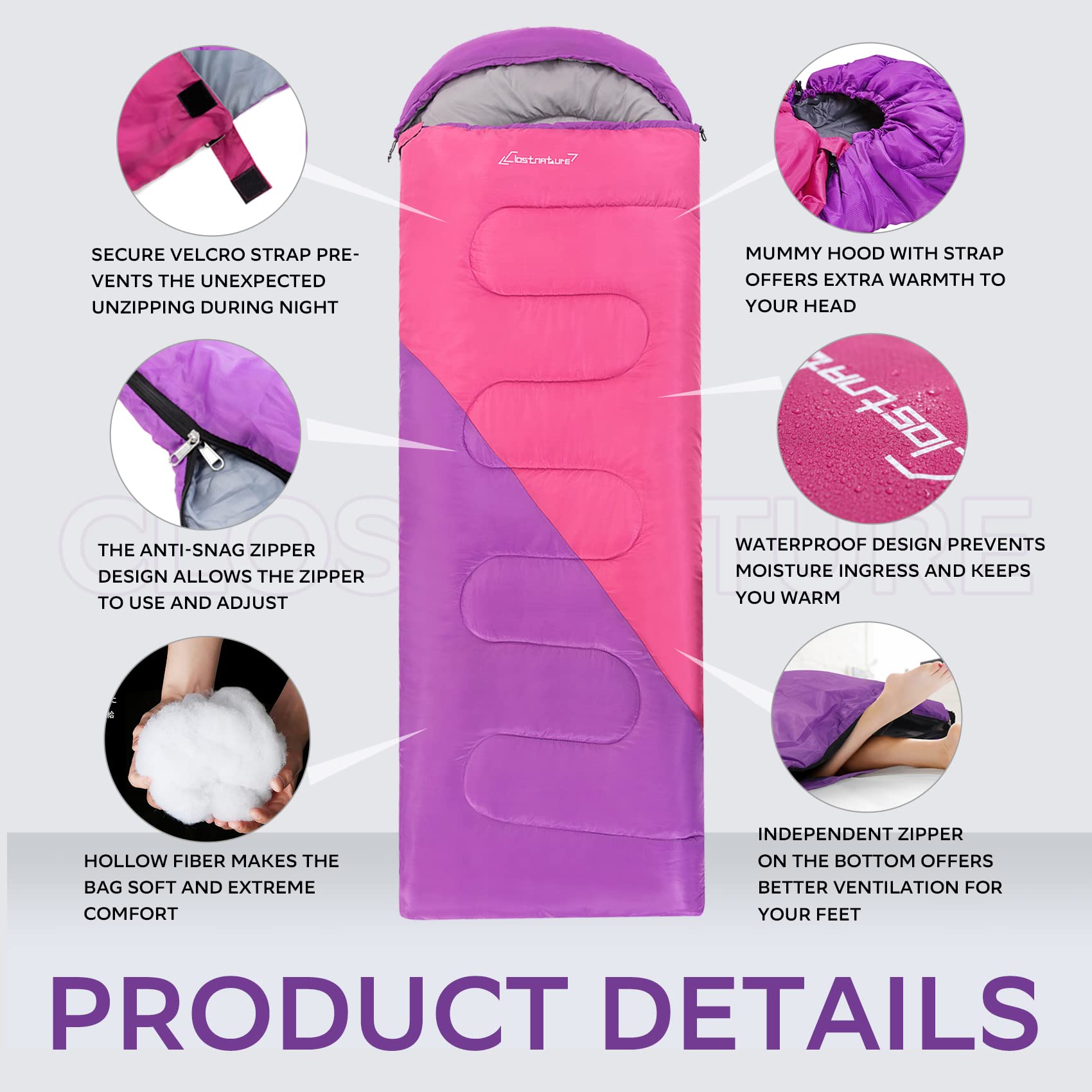 Clostnature Sleeping Bag for Adults and Kids - Lightweight Camping Sleeping Bag for Girls, Boys, Youths, Ultralight Backpacking Sleeping Bag for Cold Weather - Compression Sack Included(Left Zipper)