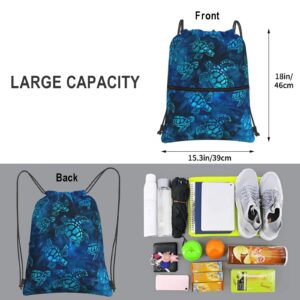 QILERONGRONG Watercolor Blue Sea Turtle Drawstring Backpack Bag Sport Gym Sackpack Durable Waterproof Lightweight for Men Women Beach Bag String Bag