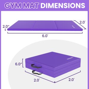 Signature Fitness 2" Thick Three Folds Folding Exercise Mat with Carrying Handles for MMA, Gymnastics and Home Gym Protective Flooring, Purple