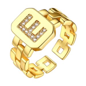 Bestyle Gold Cuban Chain Initial Ring Adjustable Fashion Signet Rings for Women Alphabet Letter E Resizable Knuckle Open Ring, Stackable Rings Fit #6-#12