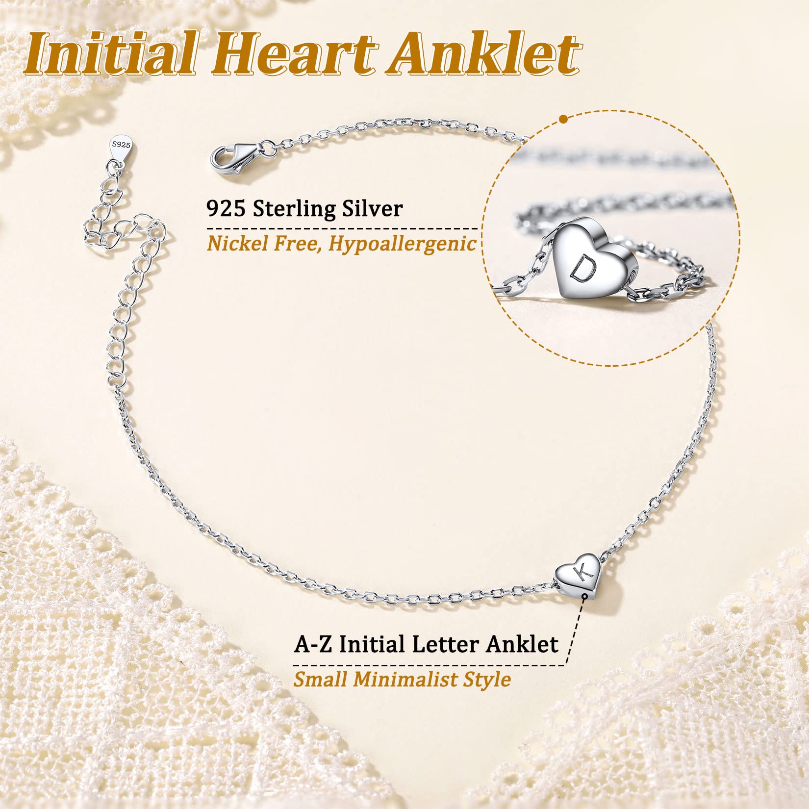 Suplight Sterling Silver Anklets for Women Dainty M Initial Heart Ankle Bracelets