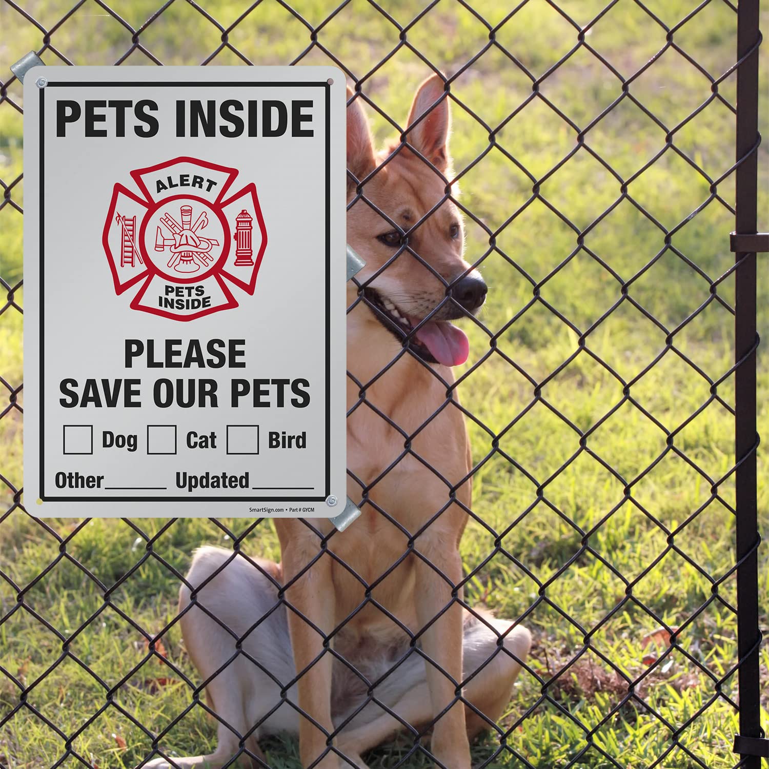 SmartSign 14 x 10 inch “Pets Inside - Please Save Our Pets” Write-On Metal Sign, 40 mil Aluminum, 3M Laminated Engineer Grade Reflective, Red/Black on White, Made in USA