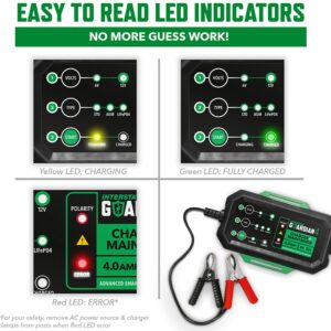 Interstate Batteries 12V, 6V Battery Charger & Maintainer (12V and 6V, 4.0A) Portable, Automatic, Trickle Charging for LiFePO4, Deep-Cycle, Automotive, AGM, Powersports, Boats (CHGIB40)