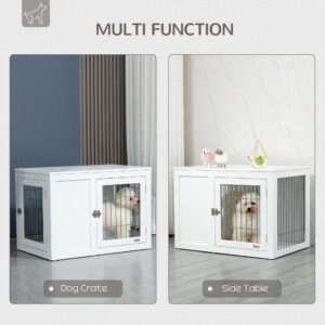 PawHut Dog Crate Furniture Wire Indoor Pet Kennel Cage, End Table with Double Doors, Locks for Small and Medium Dog House, White