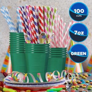 PAMI Colorful 7oz Plastic Party Cups [Pack of 100] - Disposable Drinking Glasses Bulk- BPA-Free Colored Cups For Iced Tea, Jello, Punch, Cocktails, Shots & Cold Drinks- Throw-Away Green Plastic Cups