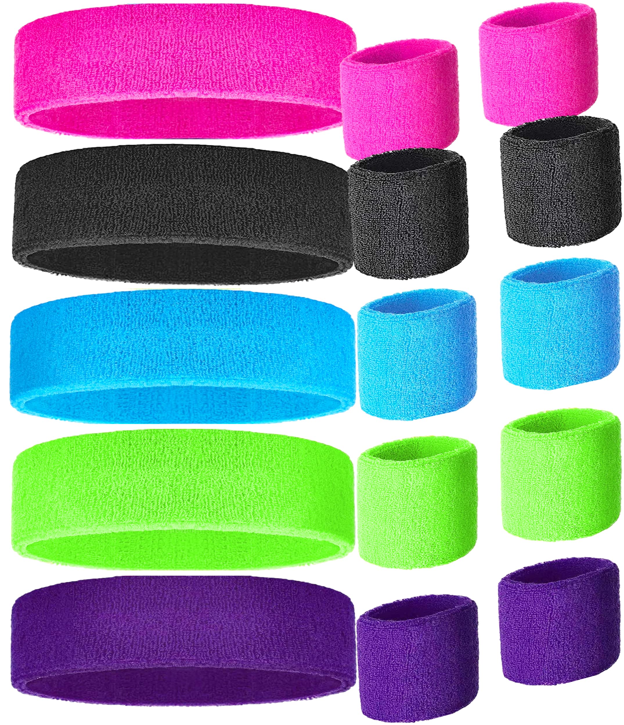 80s Sweatbands and Wristbands, Neon Sweatbands 80s, Sports Headband and Wristband Sets in 5 Colors