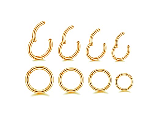 16G Hypoallergenic Nose Rings 316L Surgical Steel Piercing Jewelry Hinged Segment Ring Body Piercing Septum Nose Hoop Lip Rings Nose Helix Cartilage Rook Earrings (16G 4Pairs 6/8/10/12mm Gold)