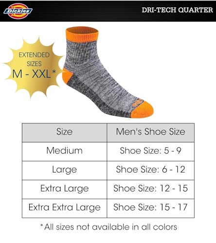 Dickies Men's Dri-Tech Moisture Control Quarter Socks, Available in M-XXL (6, 12, 18, Hi-Vis Orange Black (6 Pairs), X-Large