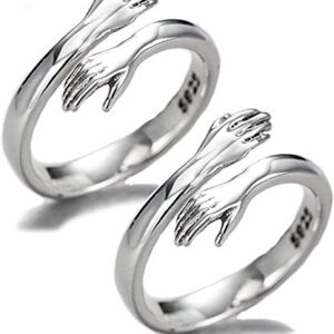 Enthana 2 PCS Couple Hugging Rings, Adjustable 925 Sterling Silver Hug Rings for Couple Women Men Jewelry (silver)