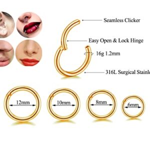 16G Hypoallergenic Nose Rings 316L Surgical Steel Piercing Jewelry Hinged Segment Ring Body Piercing Septum Nose Hoop Lip Rings Nose Helix Cartilage Rook Earrings (16G 4Pairs 6/8/10/12mm Gold)