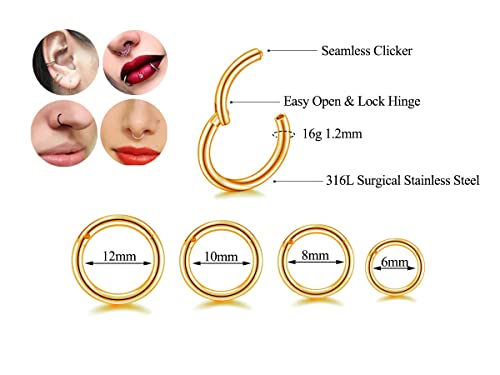 16G Hypoallergenic Nose Rings 316L Surgical Steel Piercing Jewelry Hinged Segment Ring Body Piercing Septum Nose Hoop Lip Rings Nose Helix Cartilage Rook Earrings (16G 4Pairs 6/8/10/12mm Gold)