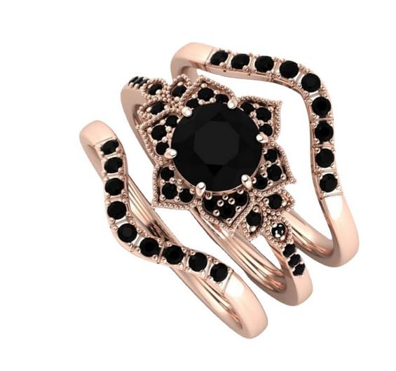 3pcs/Set Pretty Women Rose Gold Filling Inlaid Black Stone Zircon Wedding Rings Set Women Bridal Engagement Fashion Jewelry, 10