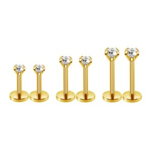 3Pairs 18g Round CZ Labret Cartilage Tragus Monroe Lip Nose Helix Studs Earrings for Women Men Stainless Steel Cubic Zirconia Huggie Stud Fashion Piercing Jewelry Gifts (gold)