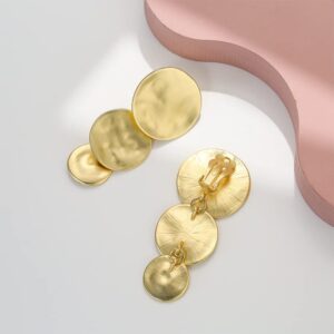 Matte Gold Discs Clip On Earrings for Women 3 Discs Long Drop Clip Earrings for Women