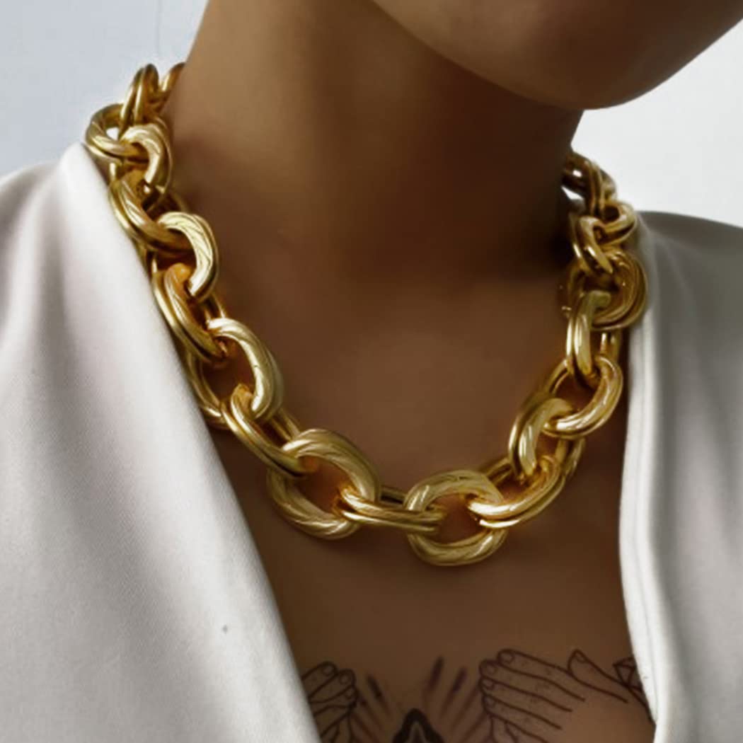 ACEDRE Chunky Choker Necklace Gold Cuban Link Chain Double O Link Necklaces Punk Hip-hop Jewelry for Women (1-Gold)