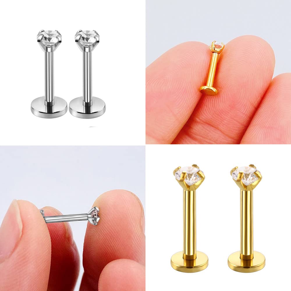 3Pairs 18g Round CZ Labret Cartilage Tragus Monroe Lip Nose Helix Studs Earrings for Women Men Stainless Steel Cubic Zirconia Huggie Stud Fashion Piercing Jewelry Gifts (gold)