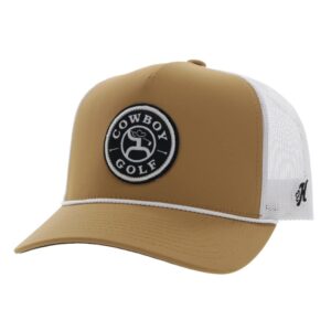 hooey golf adjustable snapback trucker mesh back hat (tan/white)