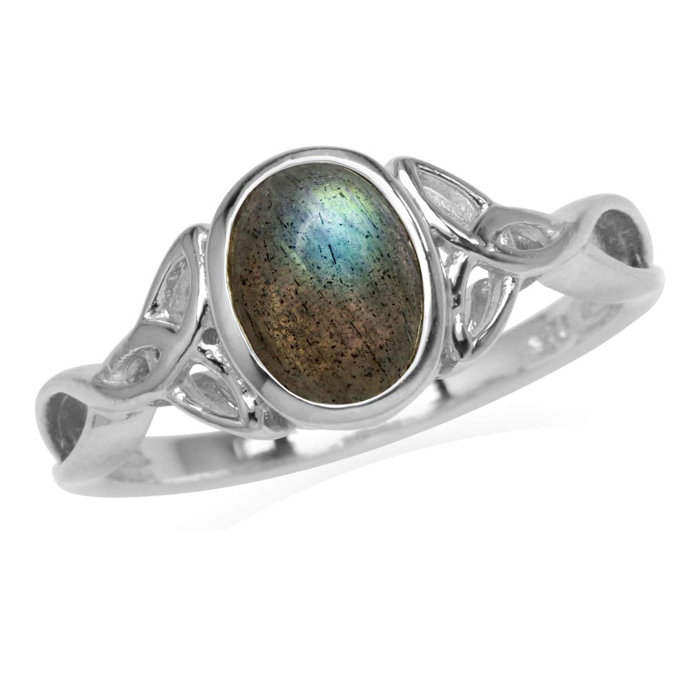 Silvershake 8X6mm Oval Shape Labradorite White Gold Plated 925 Sterling Silver Triquetra Celtic Knot Ring Size 7.5