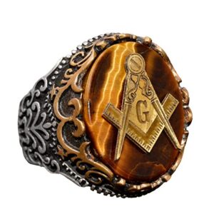 men's natural tiger eye masonic ring, 925 sterling silver, handcrafted with ornate design