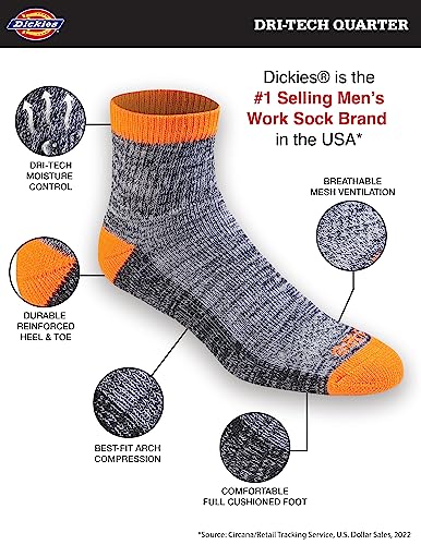 Dickies Men's Dri-Tech Moisture Control Quarter Socks, Available in M-XXL (6, 12, 18, Hi-Vis Orange Black (6 Pairs), X-Large