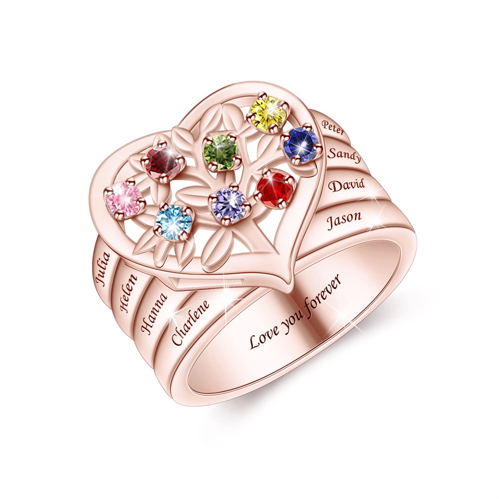 BAUMA AUTO Birthstone Rings for Women Custom 1-8 Birthstones & Names Heart Ring Tree of Life Jewelry Family Tree Rings for Mom Grandmother Wife (8 Stones)