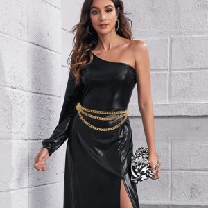 Wovanoo Skinny Stretch Belt Multilayer Metal Elastic Waist Belts Thin Waistband for Women Dress Gold