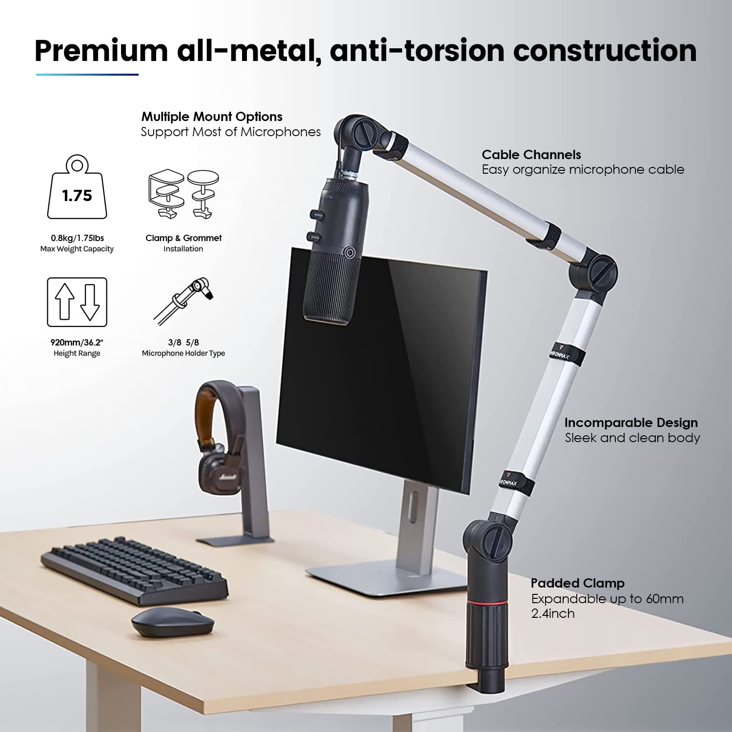 Professional Boom Arm Stand, THRONMAX Flex S5 Mic Stand for Game Streaming and Broadcasting/Sturdy and Universal Mic Arm with 1/4”，3/8"， 5/8" Adapter