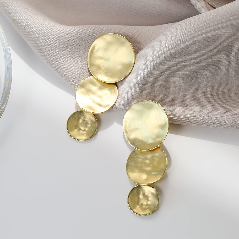 Matte Gold Discs Clip On Earrings for Women 3 Discs Long Drop Clip Earrings for Women