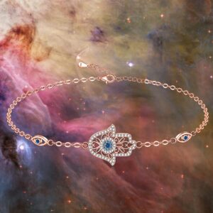 Hamsa Hand Evil Eye Bracelet for Women Rose Gold Sterling Silver Dainty Cute Crystal Round Blue Evil Eye Fatima Bracelets