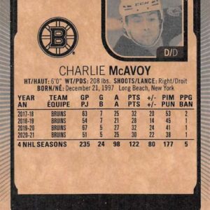 2021-22 O-Pee-Chee #267 Charlie McAvoy Boston Bruins Official NHL Hockey Card From Upper Deck in Raw (NM or Better) Condition