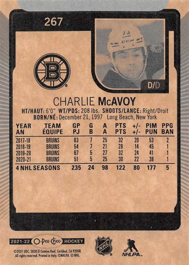 2021-22 O-Pee-Chee #267 Charlie McAvoy Boston Bruins Official NHL Hockey Card From Upper Deck in Raw (NM or Better) Condition