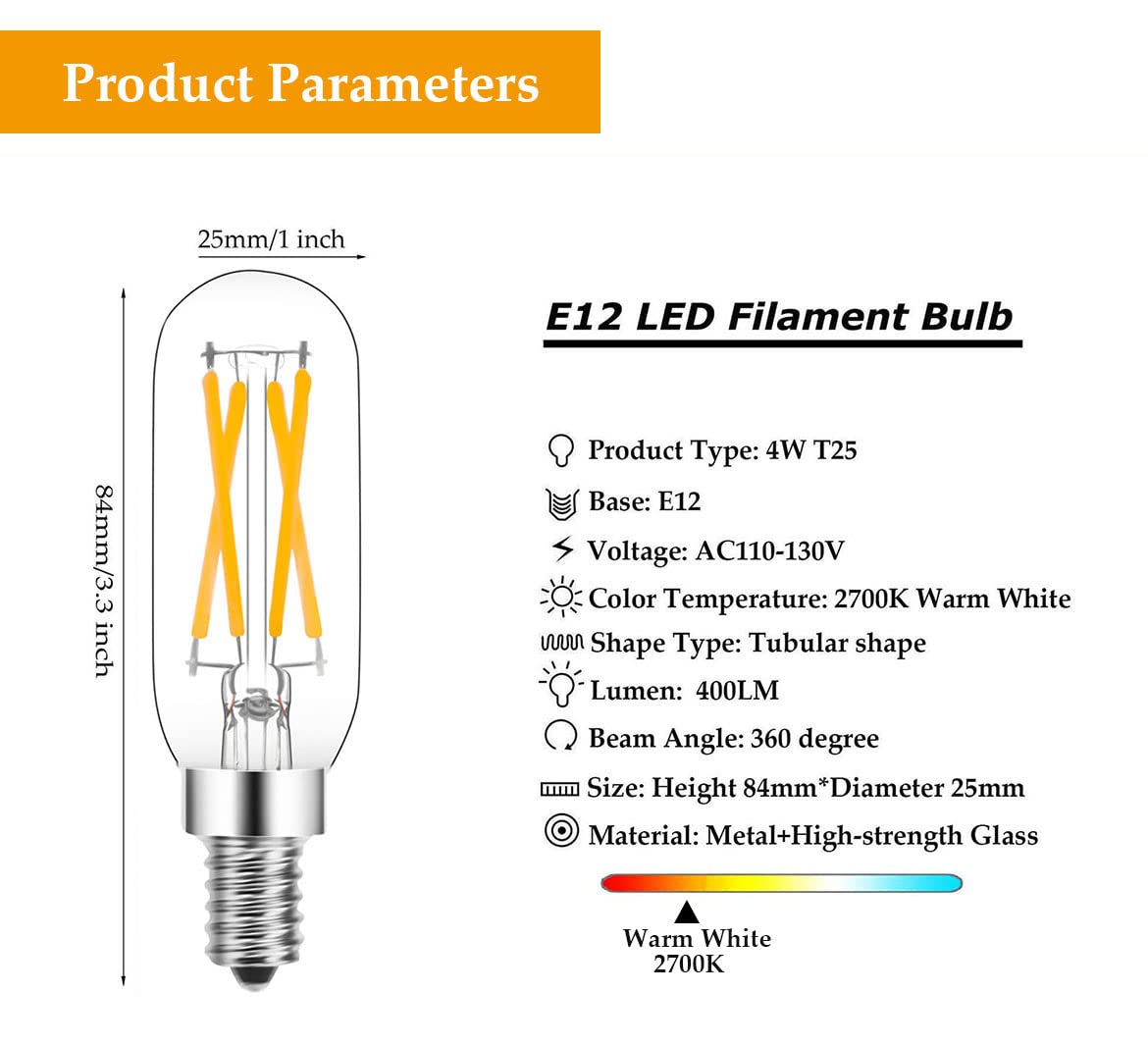 Greeogin Dimmable T6 E12 LED Edison Bulbs,4W Equal 40W Candelabra Incandescent Bulbs, Clear Vintage T25 Tube Light Bulbs for Ceiling Fan, Pendant, Wall scones 12Pack