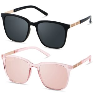 LYZOIT Oversized Sunglasses for Women Mirrored Big Large Shades 2 Pack Fashion Square Frame Sun glasses UV Protection Black Clear Pink