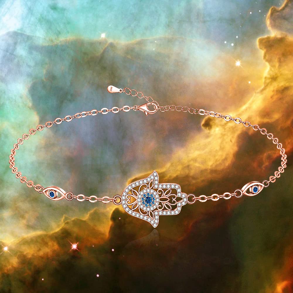 Hamsa Hand Evil Eye Bracelet for Women Rose Gold Sterling Silver Dainty Cute Crystal Round Blue Evil Eye Fatima Bracelets