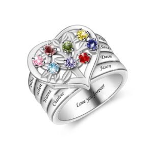 bauma auto birthstone rings for women custom 1-8 birthstones & names heart ring tree of life jewelry family tree rings for mom grandmother wife (8 stones)