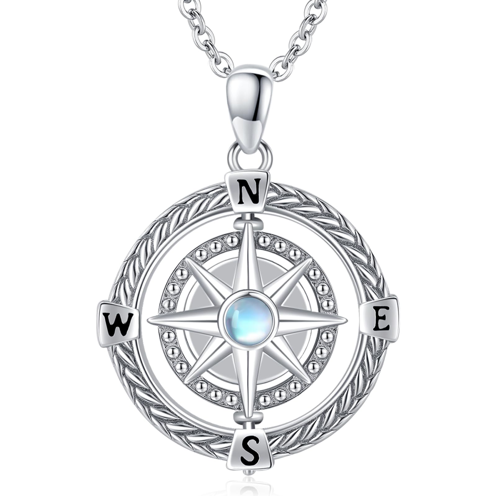 Go in the Direction of Your Dream Compass Necklace Irish Celtic Knot Round Medallion Compass Pendant for Men Women 925 Sterling Silver Moonstone Graduation Birthday Jewelry Gift 18"+2"