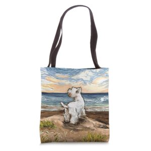 Westie at the Beach West Highland Terrier Dog Art by Aja Tote Bag