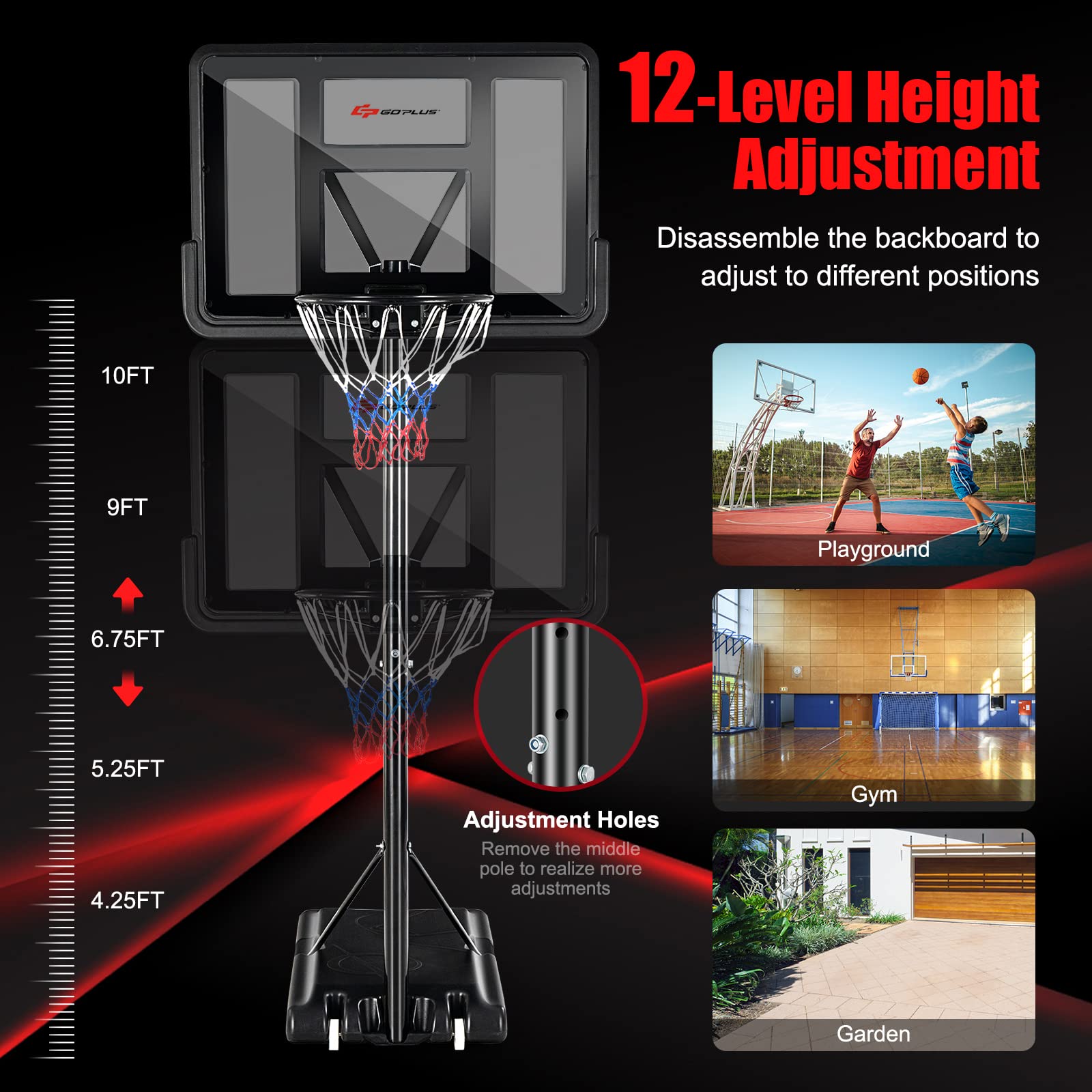 Goplus Portable Basketball Hoop, 10FT Height Adjustable Basketball Goal w/44‘’ Shatterproof Backboard, Outdoor Basketball Stand for Adults Teens Backyard Driveway (4.25-10FT, 12-Level, Upgrade Steel)