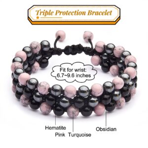 Ornaland Triple Protection Bracelet for Men Women Tiger Eye Obsidian Hematite 8mm Bead Healing Crystal Bracelet Anxiety Relief Bring Luck and Happiness