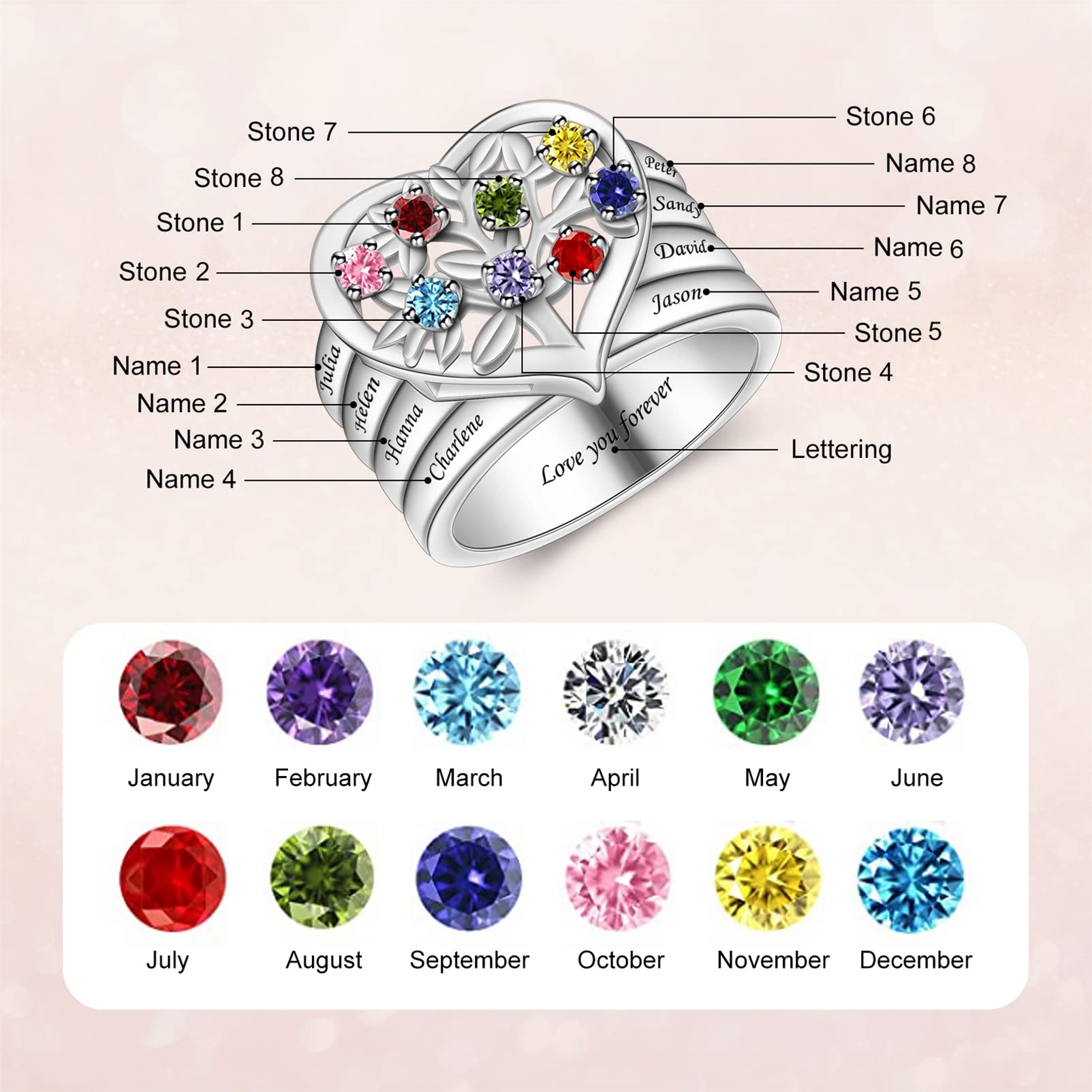 BAUMA AUTO Birthstone Rings for Women Custom 1-8 Birthstones & Names Heart Ring Tree of Life Jewelry Family Tree Rings for Mom Grandmother Wife (8 Stones)