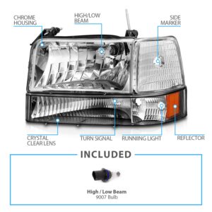 AmeriLite for 1992-1996 Ford F150 F250 F350 Bronco Truck Chrome Replacement Headlight Assembly w/Bumper Corner Lamp Set - Driver and Passenger Side