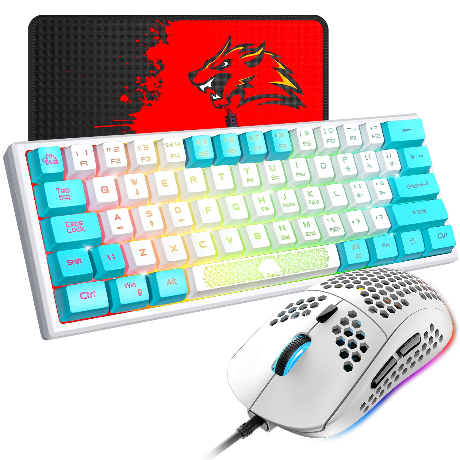 60% Gaming Keyboard and Mouse Combo Samll Mini RGB Backlight Mechanical Feeling and Mechanical RGB 6400 DPI Honeycomb Optical Mouse,Gaming Mouse pad for Gamers and Typists (White & Blue)