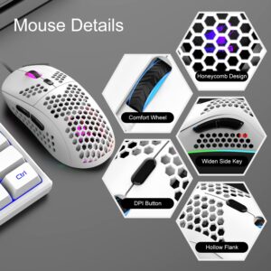 60% Gaming Keyboard and Mouse Combo Samll Mini RGB Backlight Mechanical Feeling and Mechanical RGB 6400 DPI Honeycomb Optical Mouse,Gaming Mouse pad for Gamers and Typists (White & Blue)