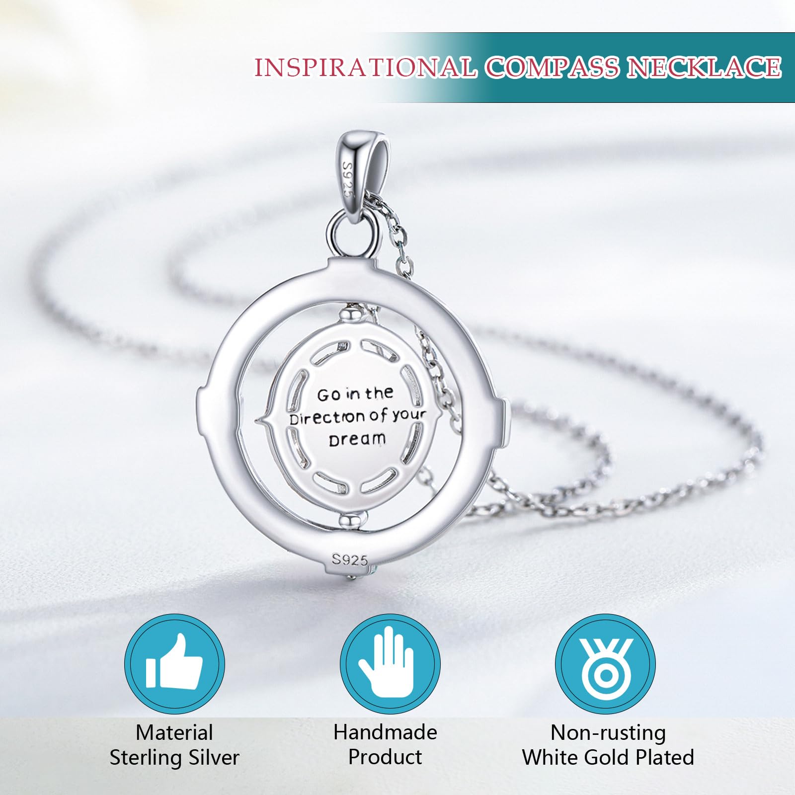 Go in the Direction of Your Dream Compass Necklace Irish Celtic Knot Round Medallion Compass Pendant for Men Women 925 Sterling Silver Moonstone Graduation Birthday Jewelry Gift 18"+2"