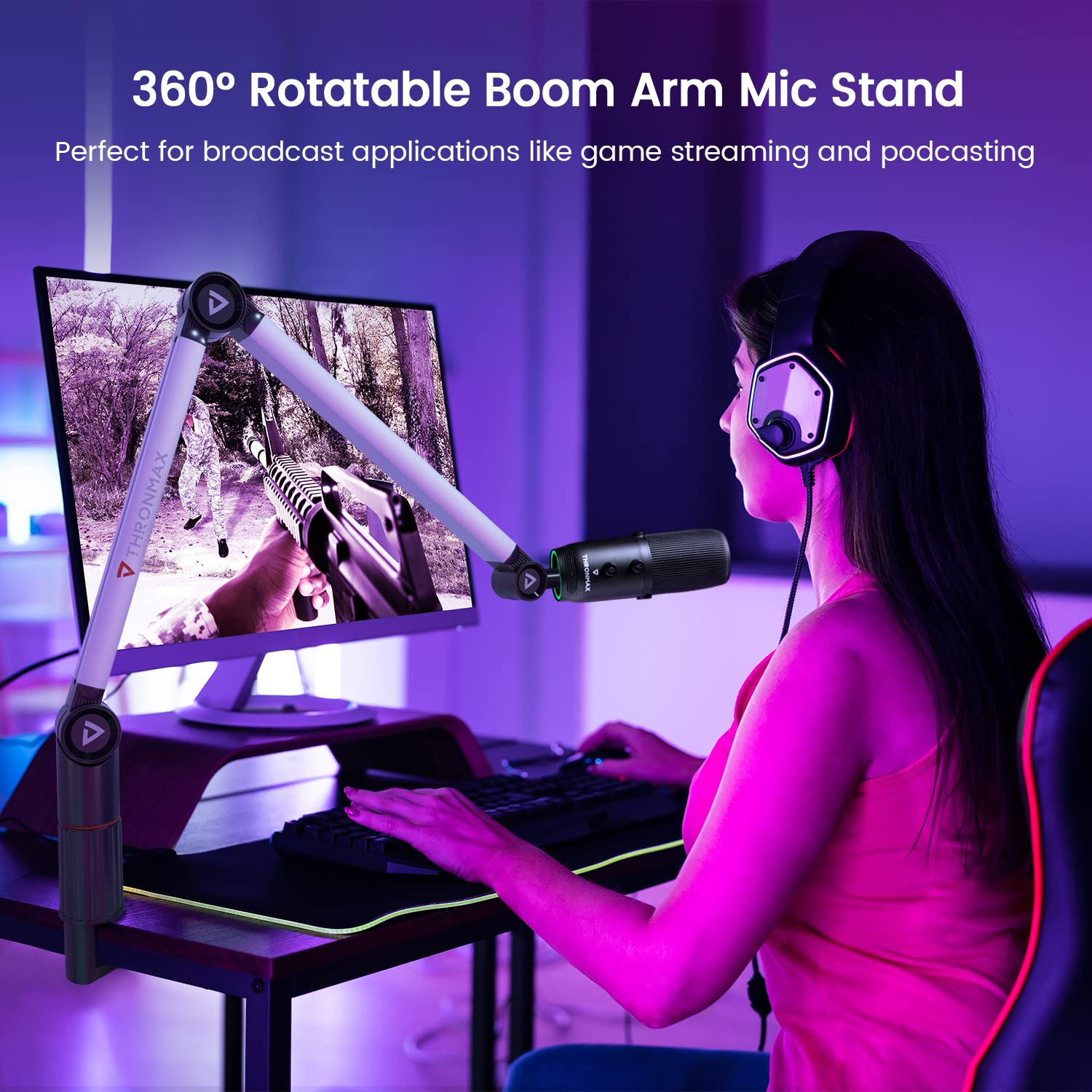 Professional Boom Arm Stand, THRONMAX Flex S5 Mic Stand for Game Streaming and Broadcasting/Sturdy and Universal Mic Arm with 1/4”，3/8"， 5/8" Adapter