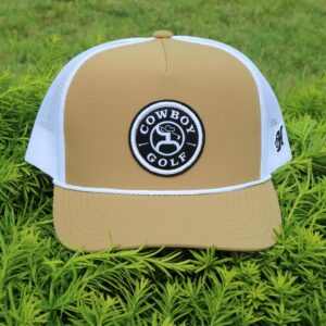 HOOEY Golf Adjustable Snapback Trucker Mesh Back Hat (Tan/White)